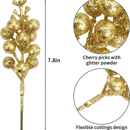 20 Gold Glitter Berry Ornaments Christmas Tree Decorations Artificial Xmas Tree Filler DIY Wreath Festive Home Decor.