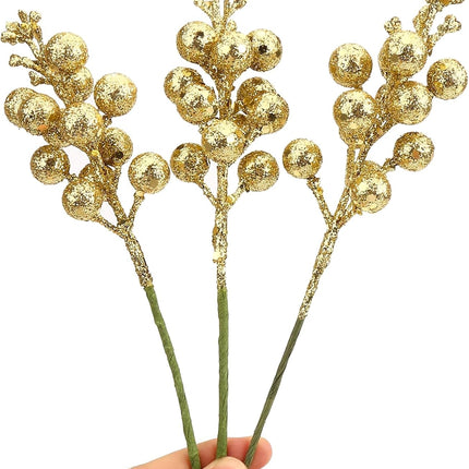 20 Gold Glitter Berry Ornaments Christmas Tree Decorations Artificial Xmas Tree Filler DIY Wreath Festive Home Decor.