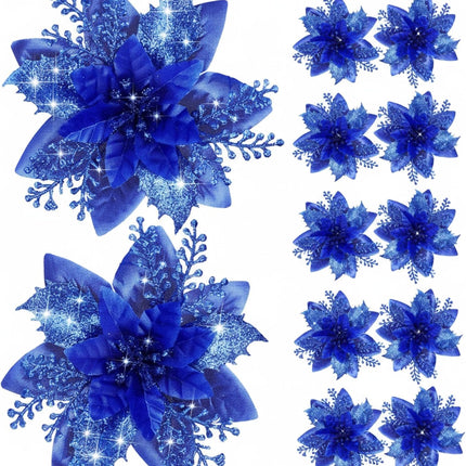 12 Piece Royal Blue Christmas Decorations Set with Glitter Artificial Flowers Clips for Tree Wreaths Home Festive Ornaments.