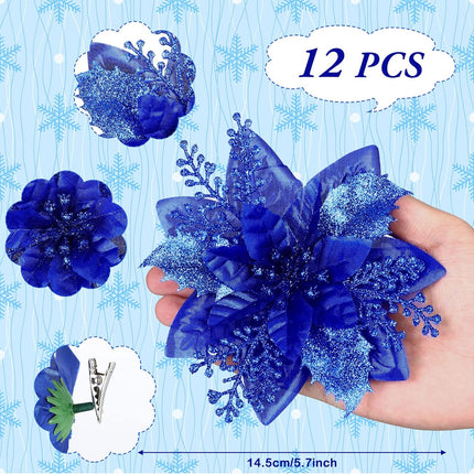 12 Piece Royal Blue Christmas Decorations Set with Glitter Artificial Flowers Clips for Tree Wreaths Home Festive Ornaments.