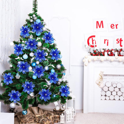12 Piece Royal Blue Christmas Decorations Set with Glitter Artificial Flowers Clips for Tree Wreaths Home Festive Ornaments.