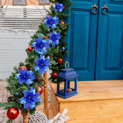 12 Piece Royal Blue Christmas Decorations Set with Glitter Artificial Flowers Clips for Tree Wreaths Home Festive Ornaments.