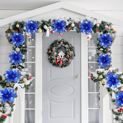 12 Piece Royal Blue Christmas Decorations Set with Glitter Artificial Flowers Clips for Tree Wreaths Home Festive Ornaments.