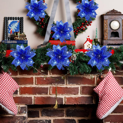 12 Piece Royal Blue Christmas Decorations Set with Glitter Artificial Flowers Clips for Tree Wreaths Home Festive Ornaments.