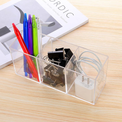 Transparent Pen Holder Desk Organizer - Pencil Marker Paperclip Storage Container - Plastic Stationery Organiser for Office Bedroom Bathroom.