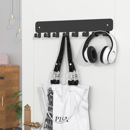 8 Hook Metal Key Rack Black Self-Adhesive or Screw Mount for Kitchen Office Hallway.