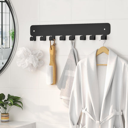 8 Hook Metal Key Rack Black Self-Adhesive or Screw Mount for Kitchen Office Hallway.