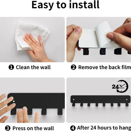 8 Hook Metal Key Rack Black Self-Adhesive or Screw Mount for Kitchen Office Hallway.