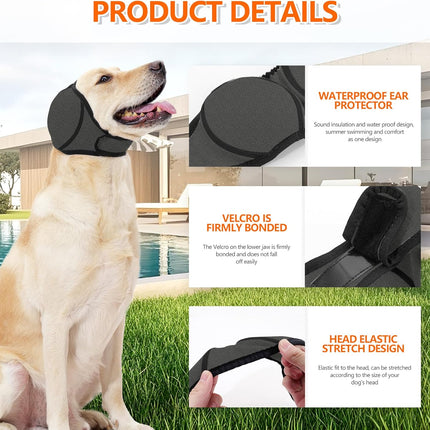Dog Ear Covers Grey L-Shaped Soundproof No Cap Elastic Waterproof for Hematomas Bathing Drying Swimming Grooming Head Coverage.