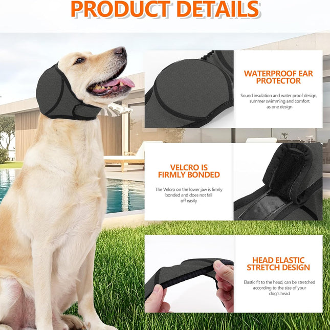 Dog Ear Covers Grey L-Shaped Soundproof No Cap Elastic Waterproof for Hematomas Bathing Drying Swimming Grooming Head Coverage.