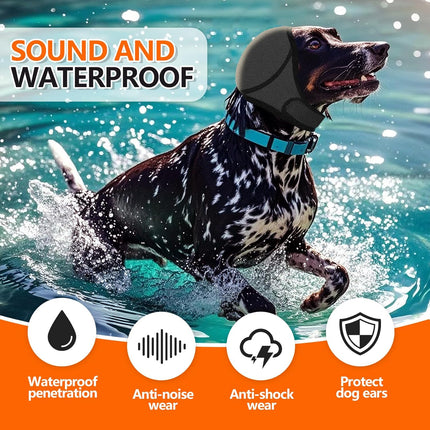 Dog Ear Covers Grey L-Shaped Soundproof No Cap Elastic Waterproof for Hematomas Bathing Drying Swimming Grooming Head Coverage.