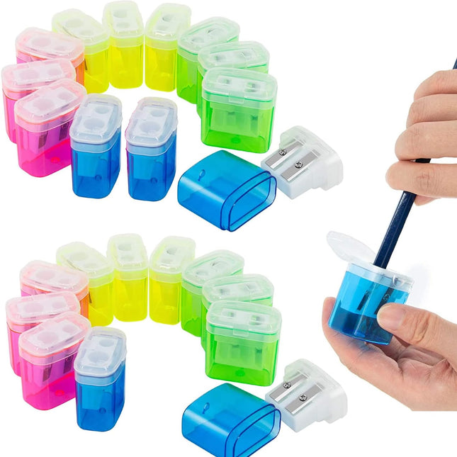 24 Pack Kids Pencil Sharpeners Small Handheld Dual Hole with Lid for Children Students.
