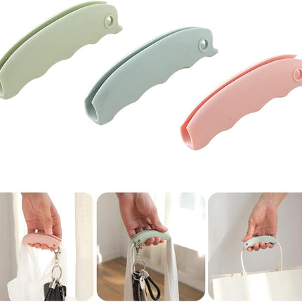3-Piece Shopping Bag Handles Set - Blue Green Pink - Soft Padded Silicone Grips with Keyhole - Anti-Slip Comfortable Kitchen Gadget for Easy Shopping.