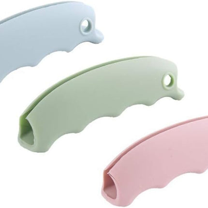 3-Piece Shopping Bag Handles Set - Blue Green Pink - Soft Padded Silicone Grips with Keyhole - Anti-Slip Comfortable Kitchen Gadget for Easy Shopping.