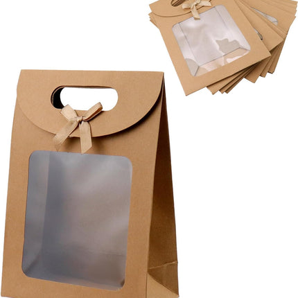 Brown Kraft Paper Gift Bags with Window and Handles 12 Pack Stand Up for Candy Cookies Weddings Parties.