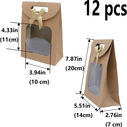 Brown Kraft Paper Gift Bags with Window and Handles 12 Pack Stand Up for Candy Cookies Weddings Parties.