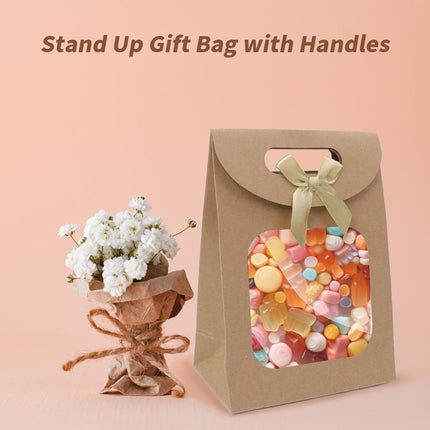 Brown Kraft Paper Gift Bags with Window and Handles 12 Pack Stand Up for Candy Cookies Weddings Parties.