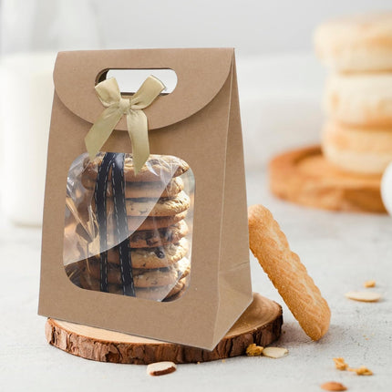 Brown Kraft Paper Gift Bags with Window and Handles 12 Pack Stand Up for Candy Cookies Weddings Parties.