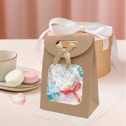 Brown Kraft Paper Gift Bags with Window and Handles 12 Pack Stand Up for Candy Cookies Weddings Parties.