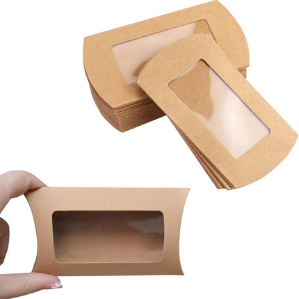 40 Pack Brown Kraft Paper Pillow Boxes with Clear Window for Cookies Candy Chocolate Jewelry Weddings Party Favors Gift Packaging.