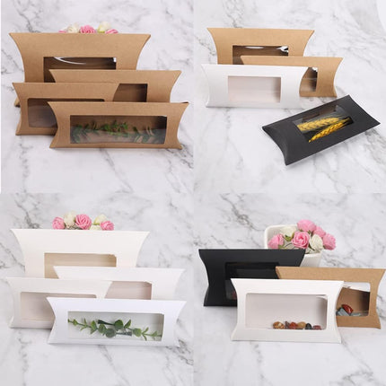 40 Pack Brown Kraft Paper Pillow Boxes with Clear Window for Cookies Candy Chocolate Jewelry Weddings Party Favors Gift Packaging.