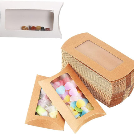 40 Pack Brown Kraft Paper Pillow Boxes with Clear Window for Cookies Candy Chocolate Jewelry Weddings Party Favors Gift Packaging.