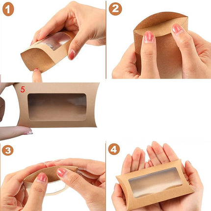 40 Pack Brown Kraft Paper Pillow Boxes with Clear Window for Cookies Candy Chocolate Jewelry Weddings Party Favors Gift Packaging.