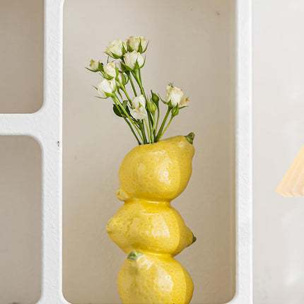 Yellow Ceramic Vase with Lemon Design Mediterranean Style for Home and Kitchen Decor.