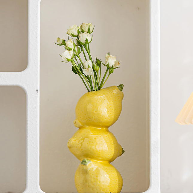 Yellow Ceramic Vase with Lemon Design Mediterranean Style for Home and Kitchen Decor.
