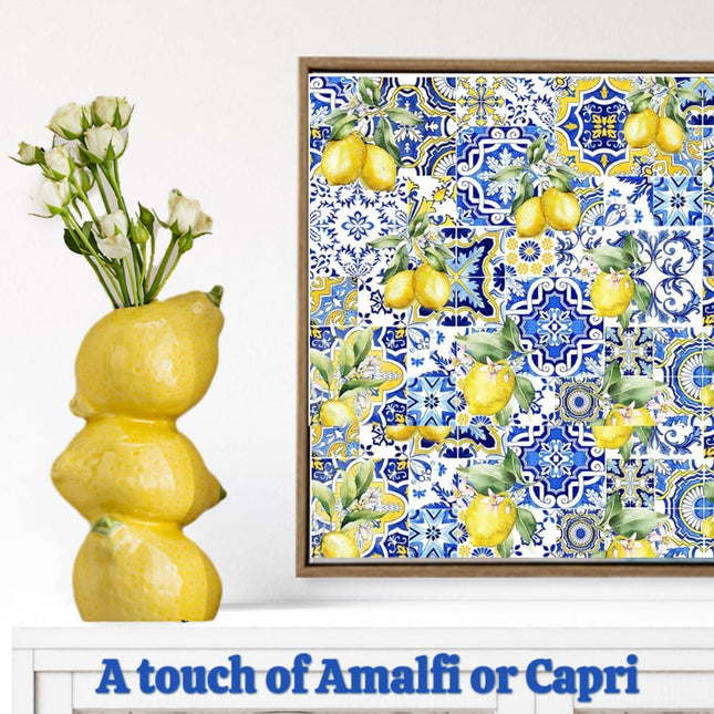 Yellow Ceramic Vase with Lemon Design Mediterranean Style for Home and Kitchen Decor.