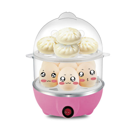 Electric Egg Cooker Steamer with Timer Auto Shut-Off 14 Egg Capacity 350W Double Layer Multifunctional for Milk Food Heating Pink.