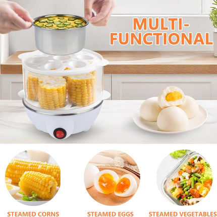 Electric Egg Cooker 14 Egg Capacity Double Layer with Auto Shut-Off Timer 350W Multifunctional for Steaming Eggs Heating Milk Food White.