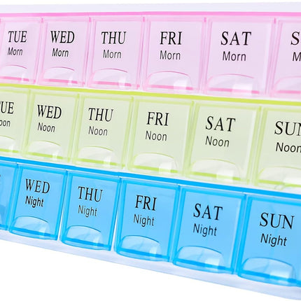 7 Day Pill Organizer 3 Compartments AM PM Evening 21 Slot Weekly Medication Storage Box.