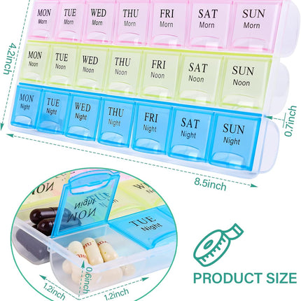 7 Day Pill Organizer 3 Compartments AM PM Evening 21 Slot Weekly Medication Storage Box.