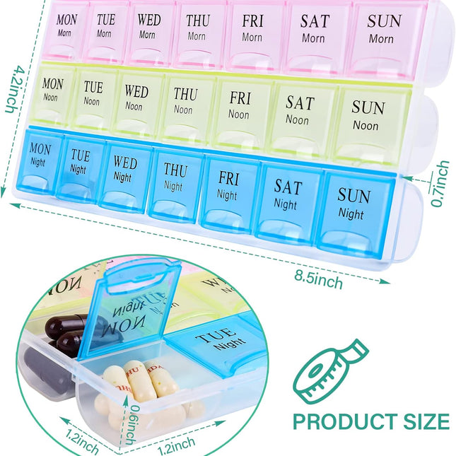 7 Day Pill Organizer 3 Compartments AM PM Evening 21 Slot Weekly Medication Storage Box.