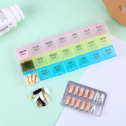 7 Day Pill Organizer 3 Compartments AM PM Evening 21 Slot Weekly Medication Storage Box.