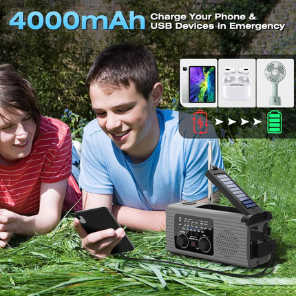 Multi-Colour Solar & Hand Crank Portable Radio 4000mAh Rechargeable Battery Operated Emergency Radio for Indoor Outdoor Use.