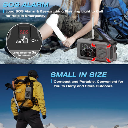 Multi-Colour Solar & Hand Crank Portable Radio 4000mAh Rechargeable Battery Operated Emergency Radio for Indoor Outdoor Use.