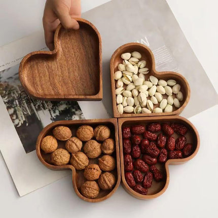 4-Piece Heart-Shaped Wooden Bowl Set Snack Fruit Dried Food Nut Candy Storage Decorative Display Bowls.