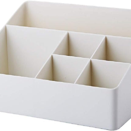White Cosmetic Organizer with 6 Compartments for Skincare and Jewelry Storage.