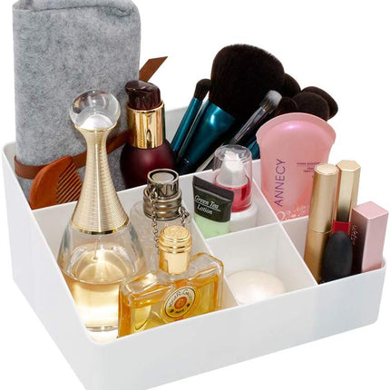 Gray Blue Cosmetic Storage Box 6 Compartments Organizer for Skincare and Jewelry.