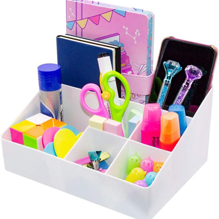 Gray Blue Cosmetic Storage Box 6 Compartments Organizer for Skincare and Jewelry.