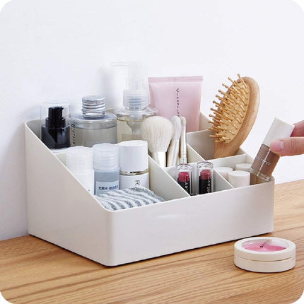 Gray Blue Cosmetic Storage Box 6 Compartments Organizer for Skincare and Jewelry.