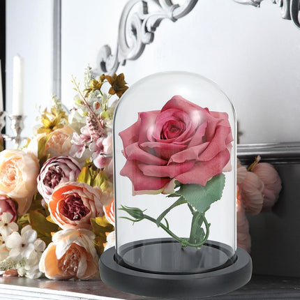 Glass Dome with Black Wooden Base - Clock Shaped Display Case - Home Decor - Desk Ornament - Christmas Decoration for Indoor Use.
