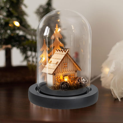 Glass Dome with Black Wooden Base - Clock Shaped Display Case - Home Decor - Desk Ornament - Christmas Decoration for Indoor Use.
