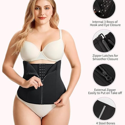 Women's Black Waist Trainer with Zipper Shapewear Tummy Control Body Shaper Sport Slimming Belt.