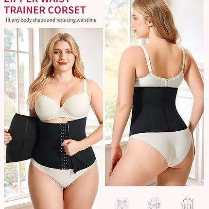Women's Black Waist Trainer with Zipper Shapewear Tummy Control Body Shaper Sport Slimming Belt.