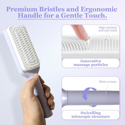 Women's Purple Anti-Static Hair Brush with Massage Function Retractable Design Suitable for Fine Hair Easily Removes Hair.