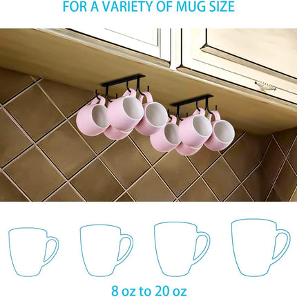 Under Cabinet Industrial Mug Holder - Space-Saving Hanging Rack for Mugs, Cups & Kitchen Accessories - 4 Hooks - 2 Pack.