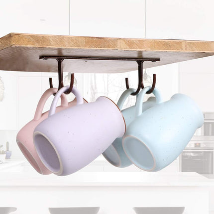 Under Cabinet Industrial Mug Holder - Space-Saving Hanging Rack for Mugs, Cups & Kitchen Accessories - 4 Hooks - 2 Pack.